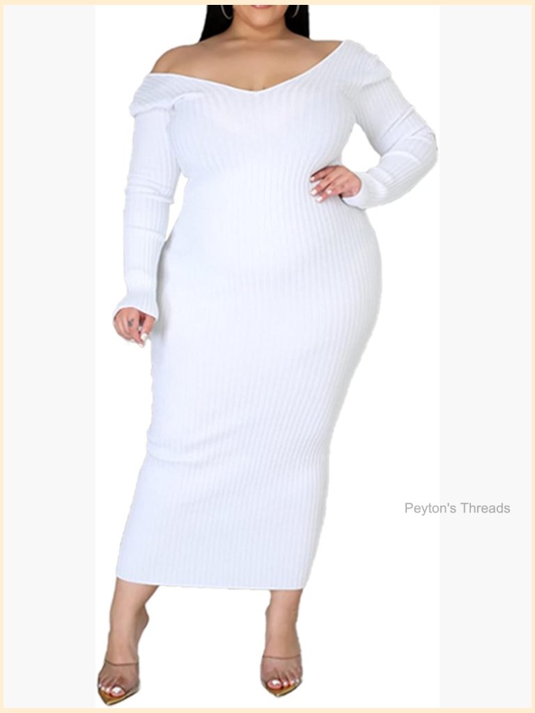 Plus Size Off Shoulder Knit Bodycon Maxi Dress Long Sleeve Slim Fit